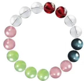 White background product photo of a custom crystal bracelet with colorful natural stone beads arranged in a circular design.
