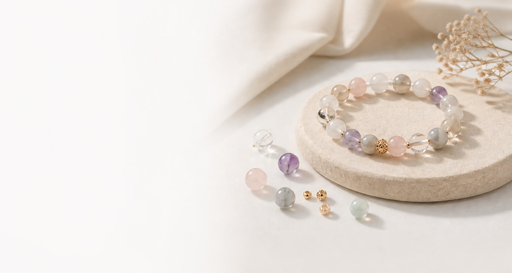 Handmade custom crystal bracelet by trybeadify on a minimalist neutral background