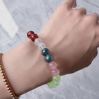 Video showcase of a personalized natural crystal bracelet highlighting sparkling beads and details.